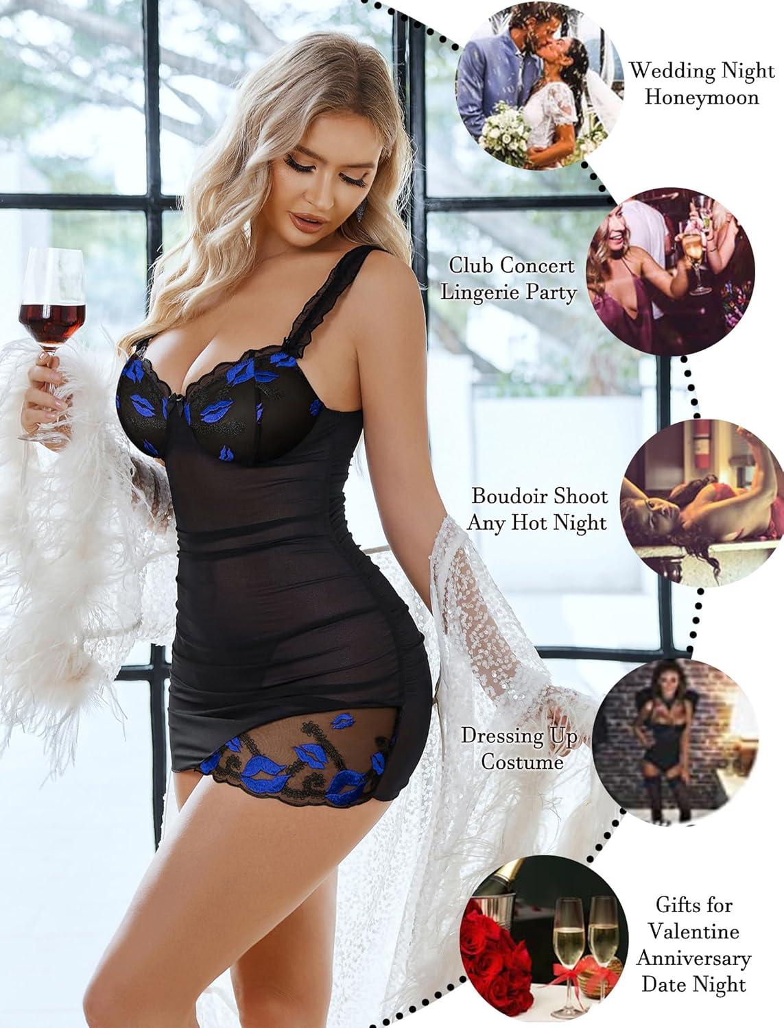 imageAvidlove Lingerie for Women Mesh Babydoll Lingeries Lace Chemise Floral Sleepwear Dress Sheer Exotic Boudoir Outfit SXXLBlue Lip