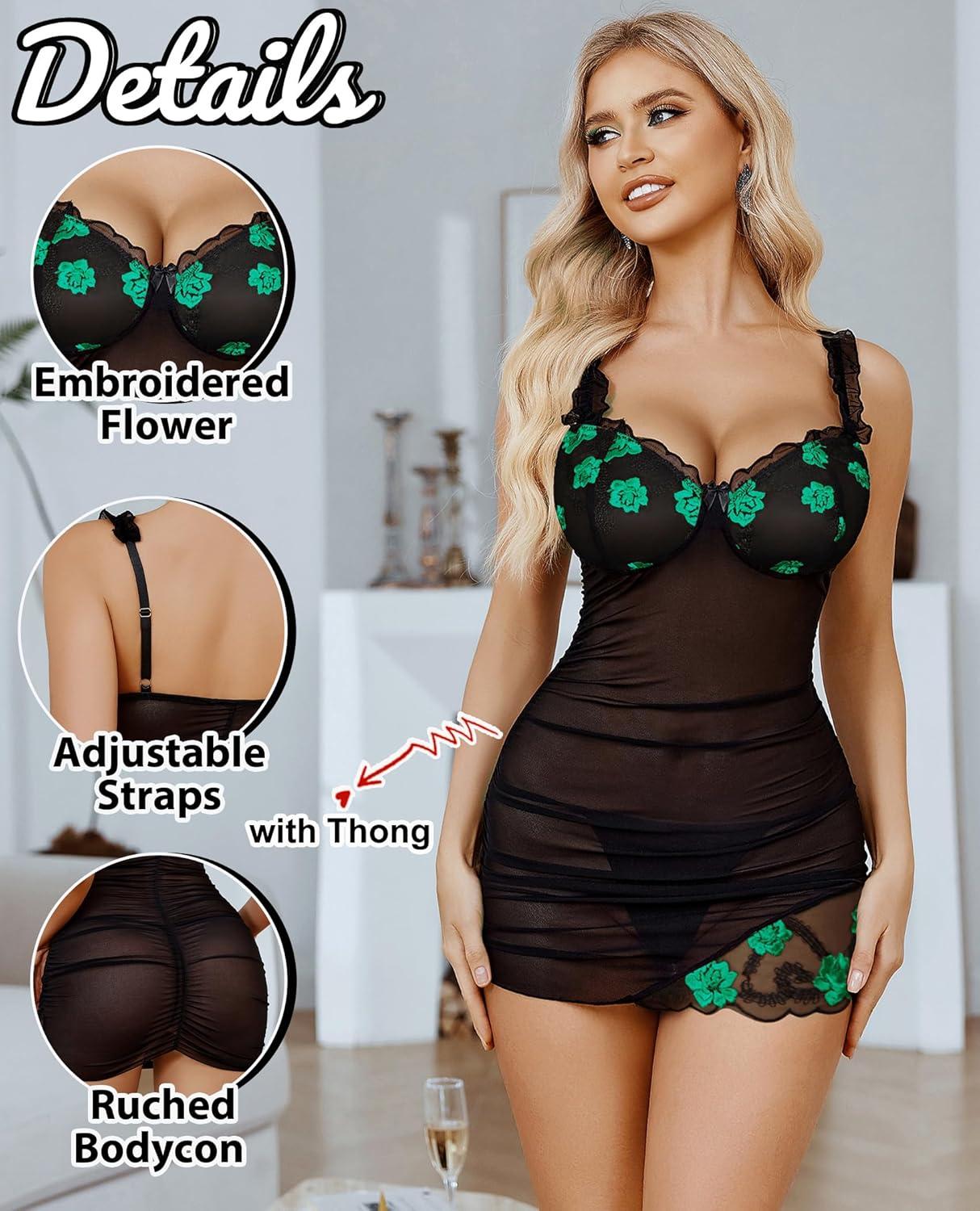 imageAvidlove Lingerie for Women Mesh Babydoll Lingeries Lace Chemise Floral Sleepwear Dress Sheer Exotic Boudoir Outfit SXXLGreen Floral
