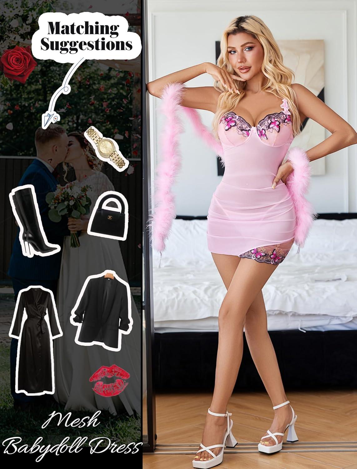 imageAvidlove Lingerie for Women Mesh Babydoll Lingeries Lace Chemise Floral Sleepwear Dress Sheer Exotic Boudoir Outfit SXXLPink Butterfly