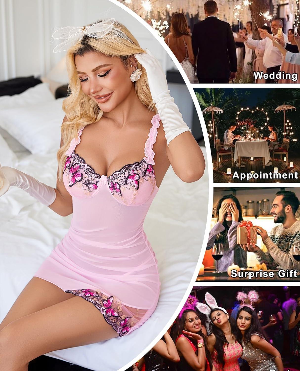 imageAvidlove Lingerie for Women Mesh Babydoll Lingeries Lace Chemise Floral Sleepwear Dress Sheer Exotic Boudoir Outfit SXXLPink Butterfly