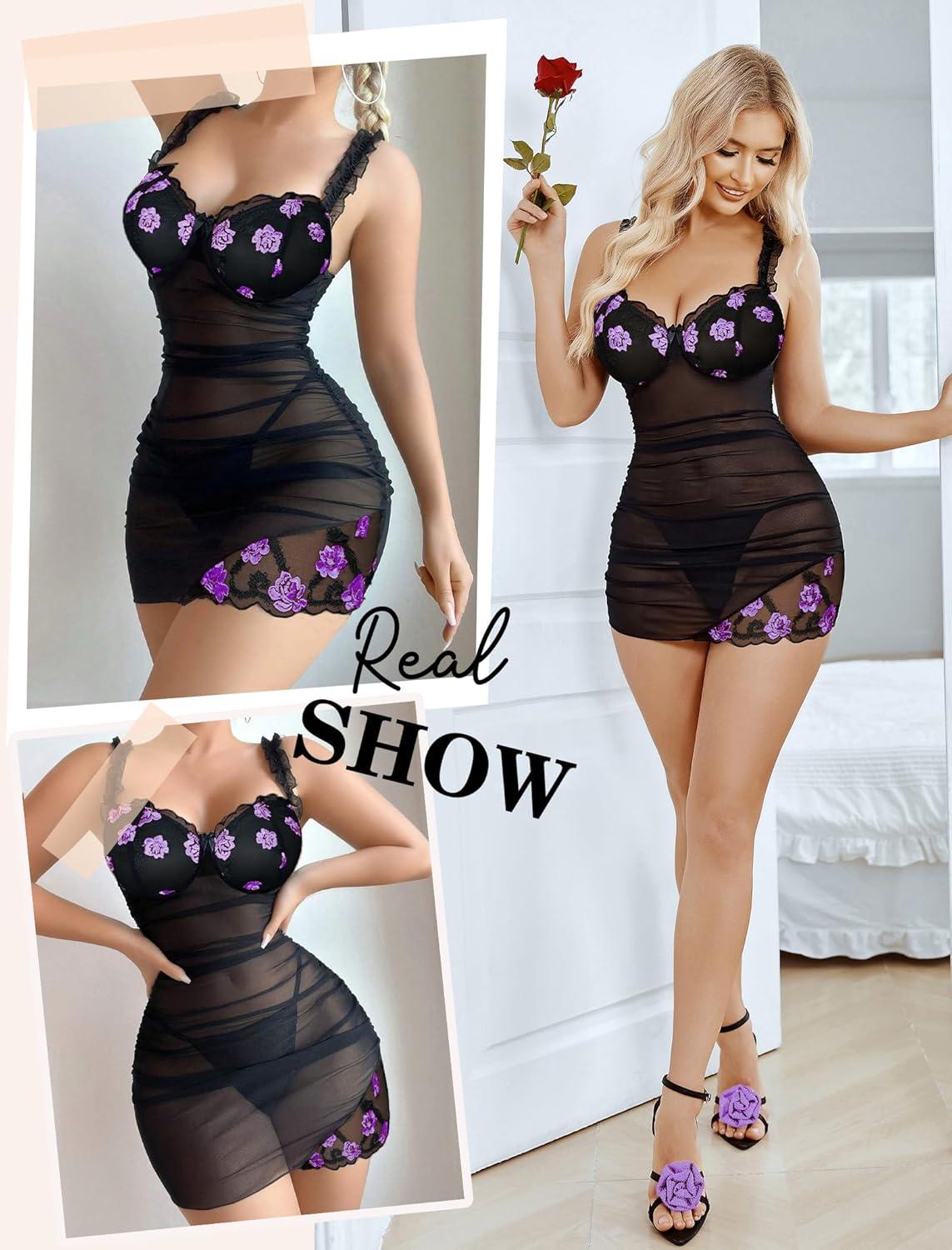 imageAvidlove Lingerie for Women Mesh Babydoll Lingeries Lace Chemise Floral Sleepwear Dress Sheer Exotic Boudoir Outfit SXXLPurple Floral