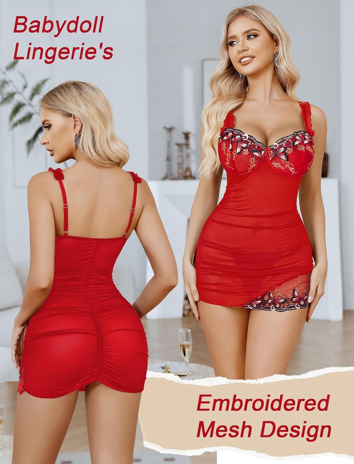 imageAvidlove Lingerie for Women Mesh Babydoll Lingeries Lace Chemise Floral Sleepwear Dress Sheer Exotic Boudoir Outfit SXXLRed Butterfly