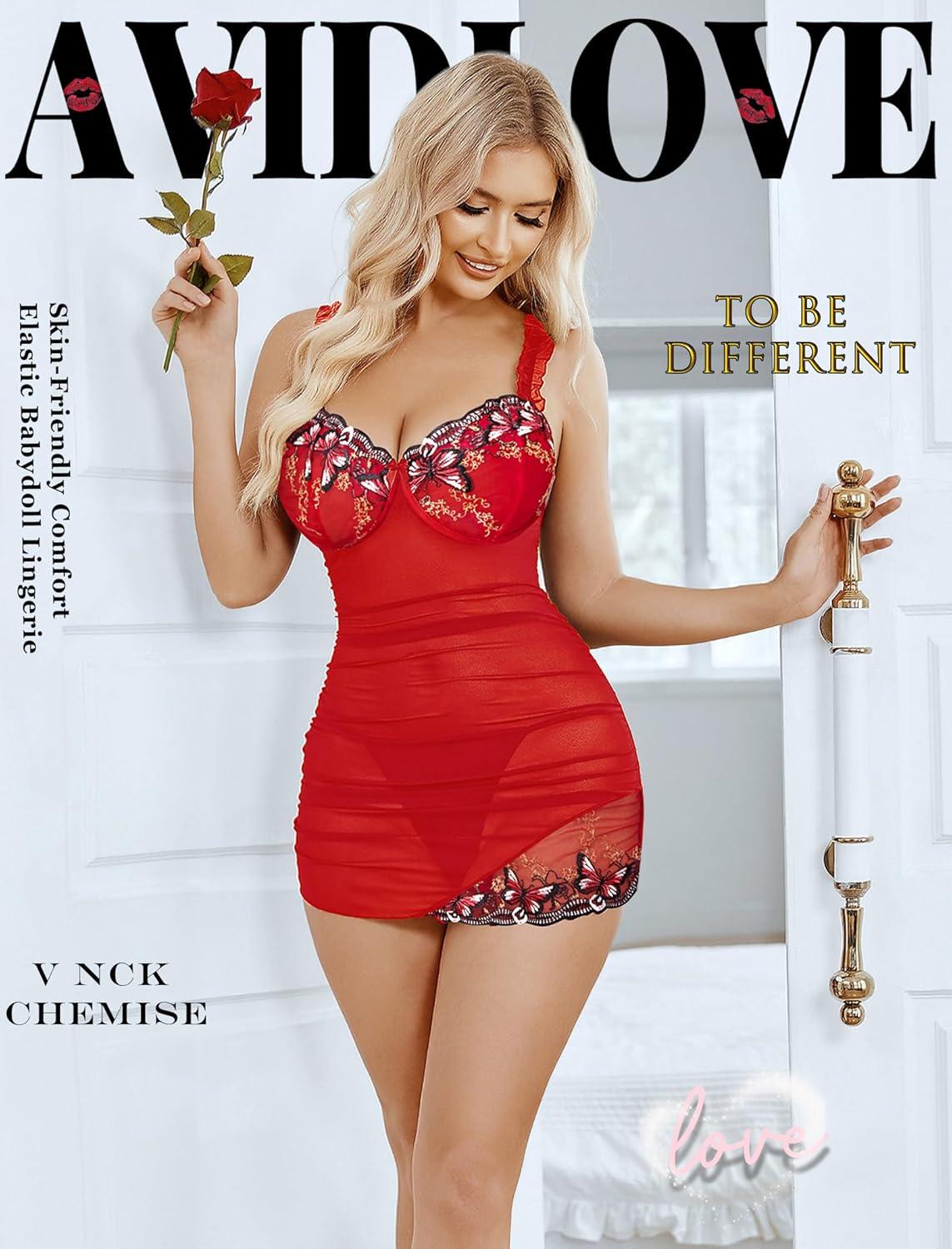 imageAvidlove Lingerie for Women Mesh Babydoll Lingeries Lace Chemise Floral Sleepwear Dress Sheer Exotic Boudoir Outfit SXXLRed Butterfly