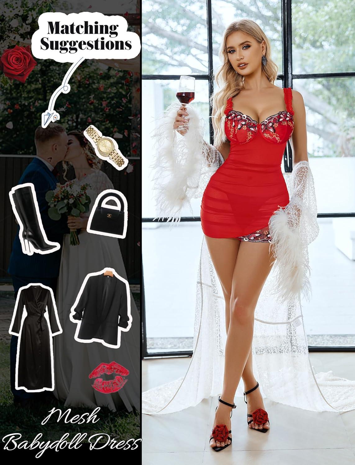 imageAvidlove Lingerie for Women Mesh Babydoll Lingeries Lace Chemise Floral Sleepwear Dress Sheer Exotic Boudoir Outfit SXXLRed Butterfly