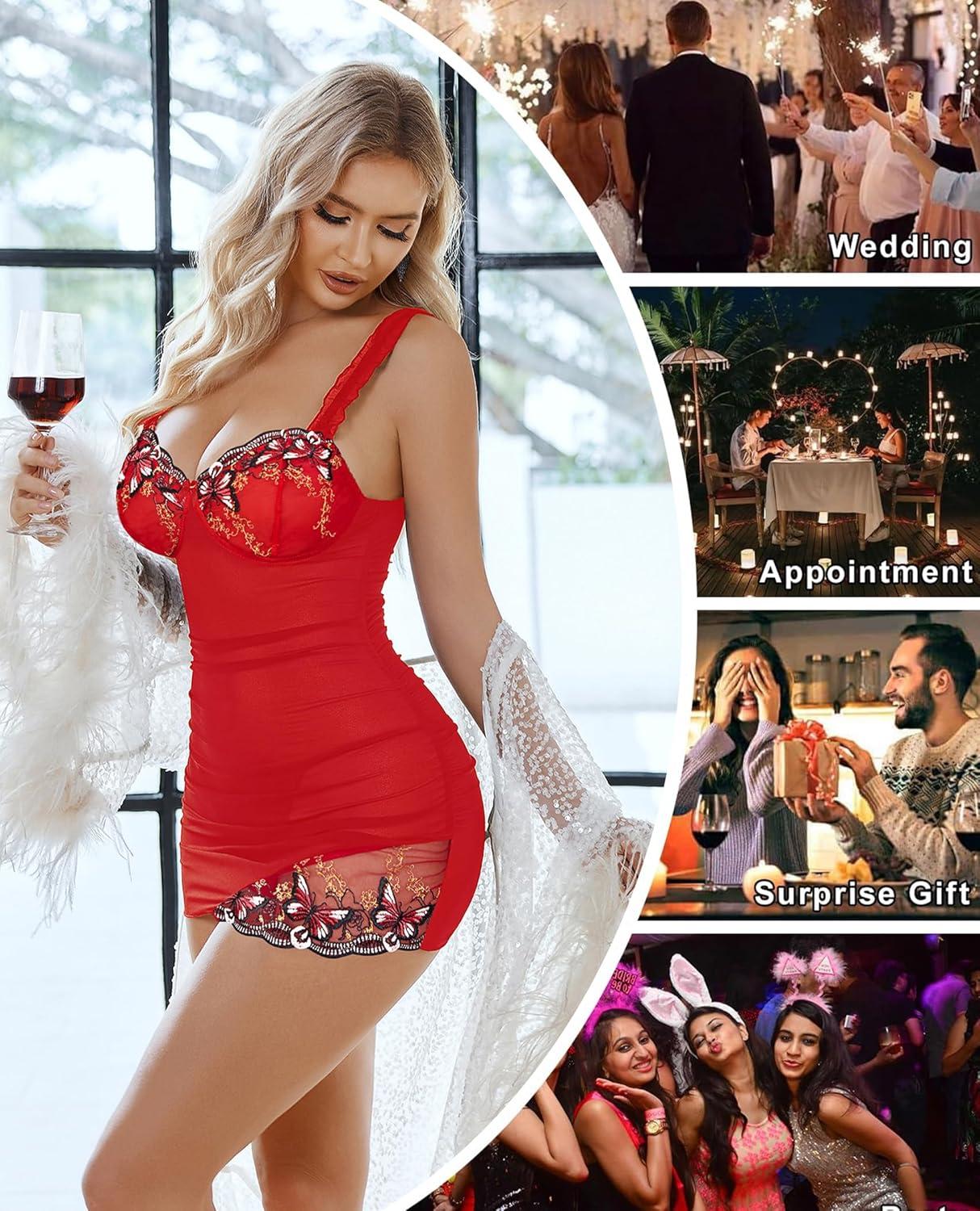 imageAvidlove Lingerie for Women Mesh Babydoll Lingeries Lace Chemise Floral Sleepwear Dress Sheer Exotic Boudoir Outfit SXXLRed Butterfly