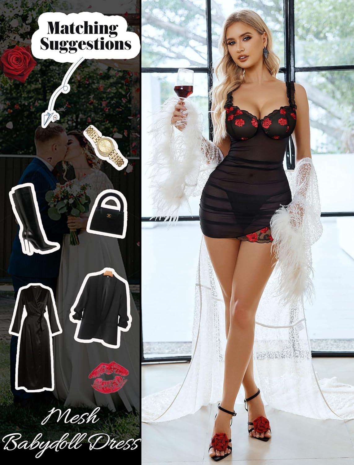 imageAvidlove Lingerie for Women Mesh Babydoll Lingeries Lace Chemise Floral Sleepwear Dress Sheer Exotic Boudoir Outfit SXXLRed Floral