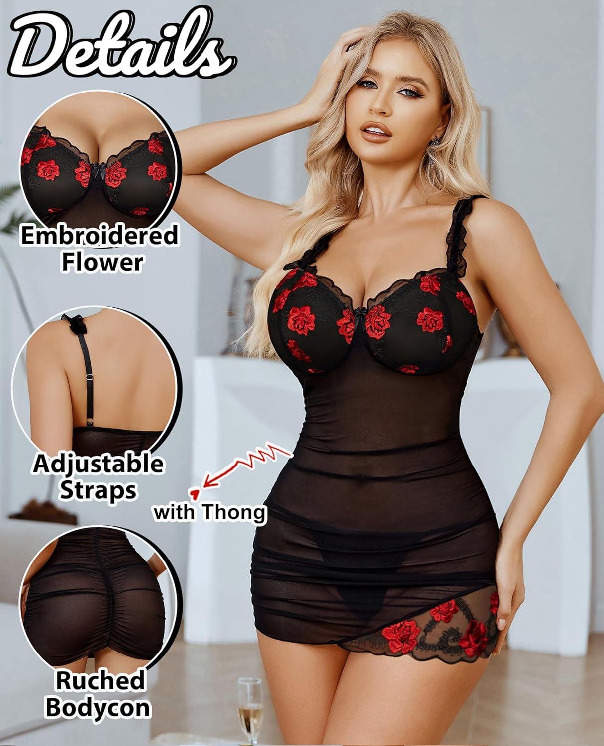 imageAvidlove Lingerie for Women Mesh Babydoll Lingeries Lace Chemise Floral Sleepwear Dress Sheer Exotic Boudoir Outfit SXXLRed Floral