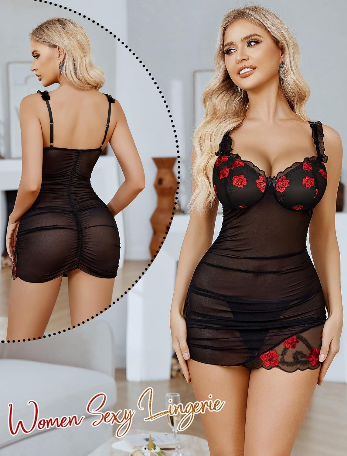 imageAvidlove Lingerie for Women Mesh Babydoll Lingeries Lace Chemise Floral Sleepwear Dress Sheer Exotic Boudoir Outfit SXXLRed Floral