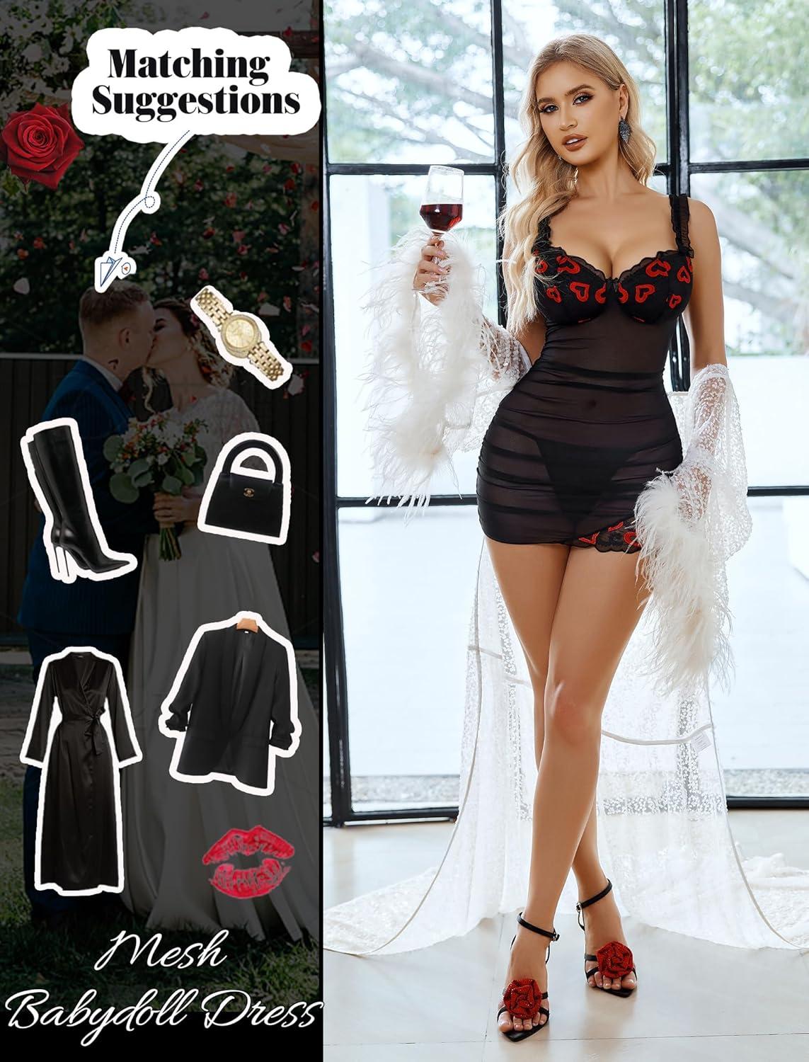 imageAvidlove Lingerie for Women Mesh Babydoll Lingeries Lace Chemise Floral Sleepwear Dress Sheer Exotic Boudoir Outfit SXXLRed Heart