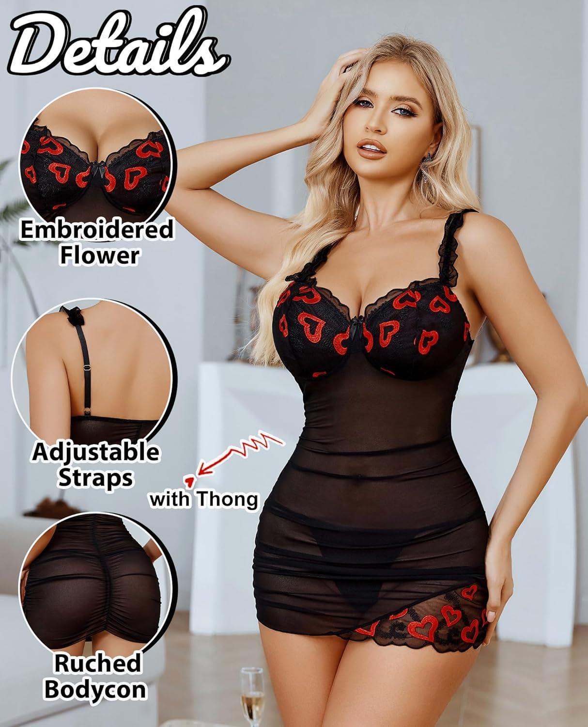 imageAvidlove Lingerie for Women Mesh Babydoll Lingeries Lace Chemise Floral Sleepwear Dress Sheer Exotic Boudoir Outfit SXXLRed Heart