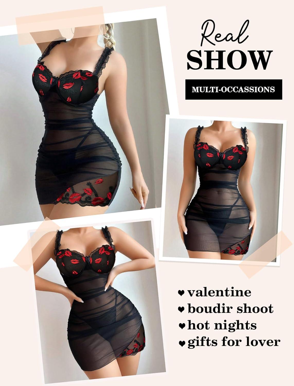 imageAvidlove Lingerie for Women Mesh Babydoll Lingeries Lace Chemise Floral Sleepwear Dress Sheer Exotic Boudoir Outfit SXXLRed Lip