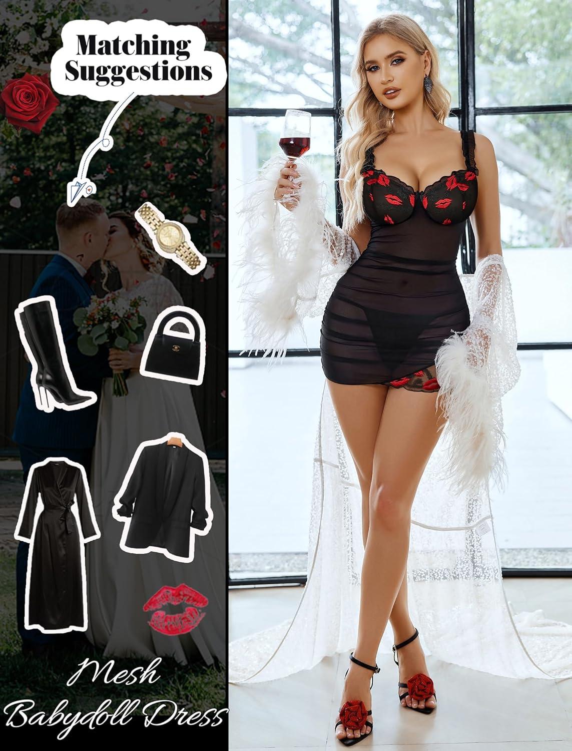 imageAvidlove Lingerie for Women Mesh Babydoll Lingeries Lace Chemise Floral Sleepwear Dress Sheer Exotic Boudoir Outfit SXXLRed Lip