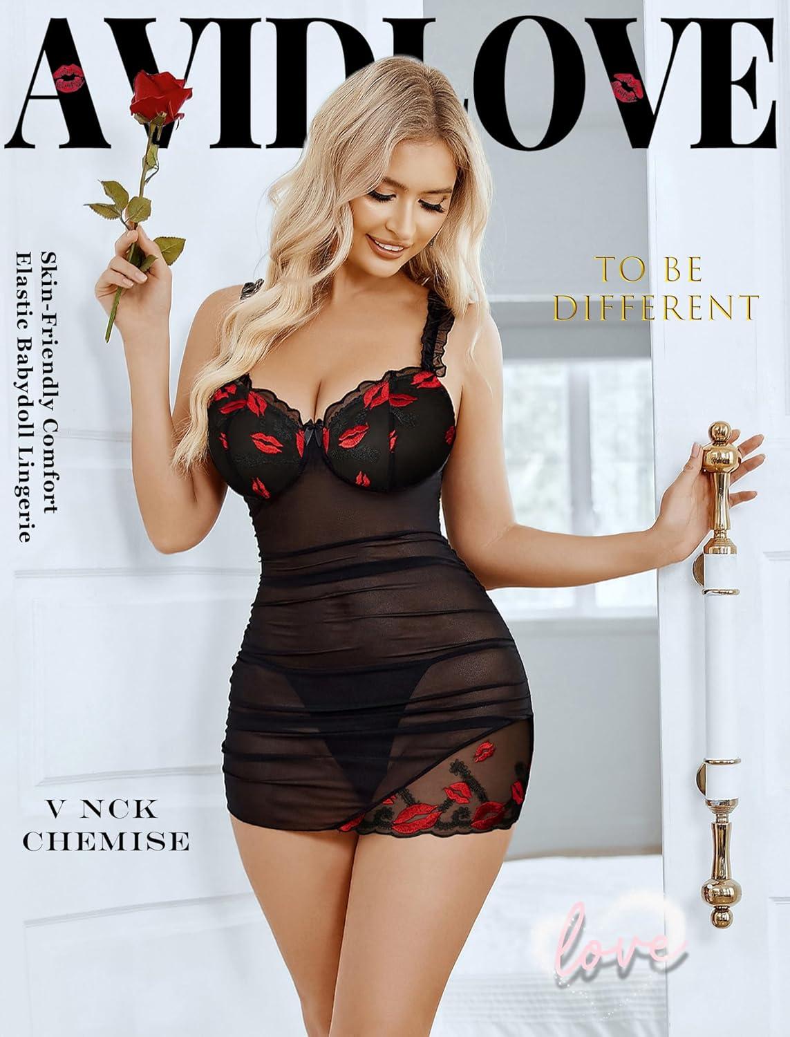 imageAvidlove Lingerie for Women Mesh Babydoll Lingeries Lace Chemise Floral Sleepwear Dress Sheer Exotic Boudoir Outfit SXXLRed Lip