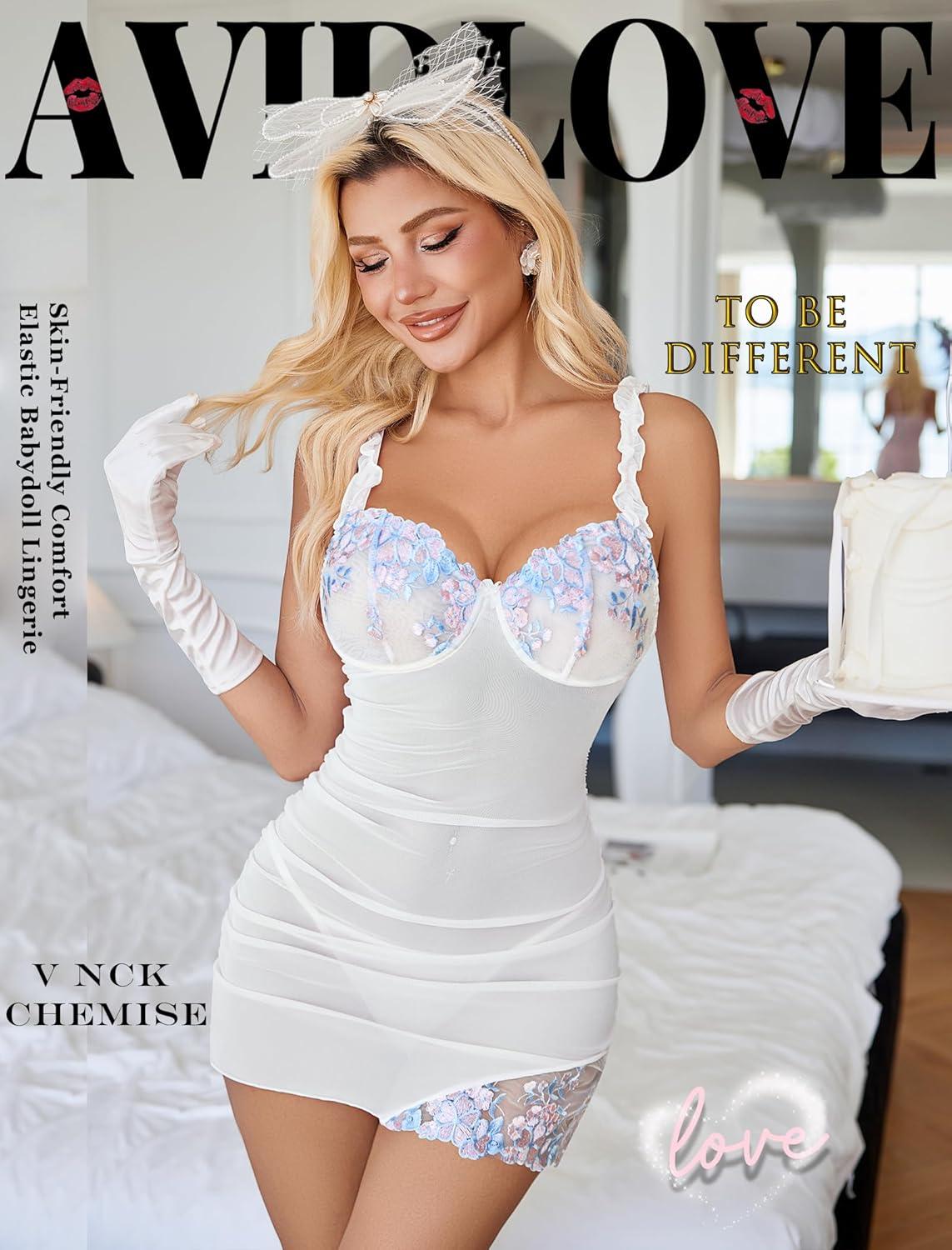 imageAvidlove Lingerie for Women Mesh Babydoll Lingeries Lace Chemise Floral Sleepwear Dress Sheer Exotic Boudoir Outfit SXXLWhite Floral