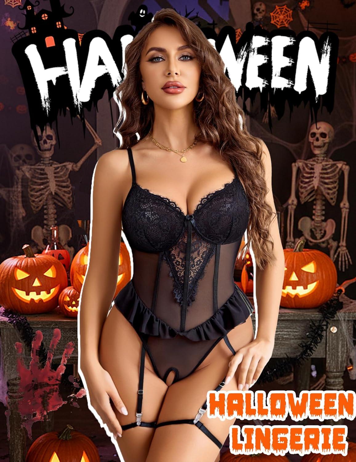 imageAvidlove Lingerie for Women Sexy Lace Bodysuit Deep V Teddy Lingerie One Piece Mini BabydollBlack