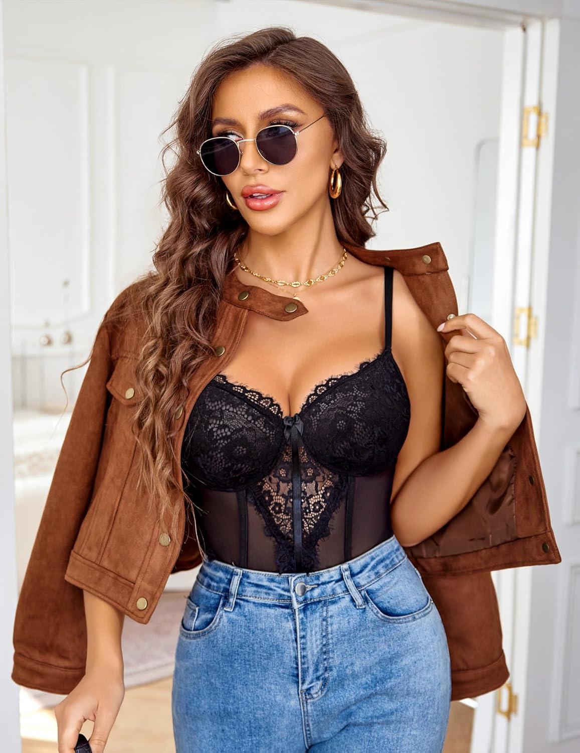 imageAvidlove Lingerie for Women Sexy Lace Bodysuit Deep V Teddy Lingerie One Piece Mini BabydollBlack