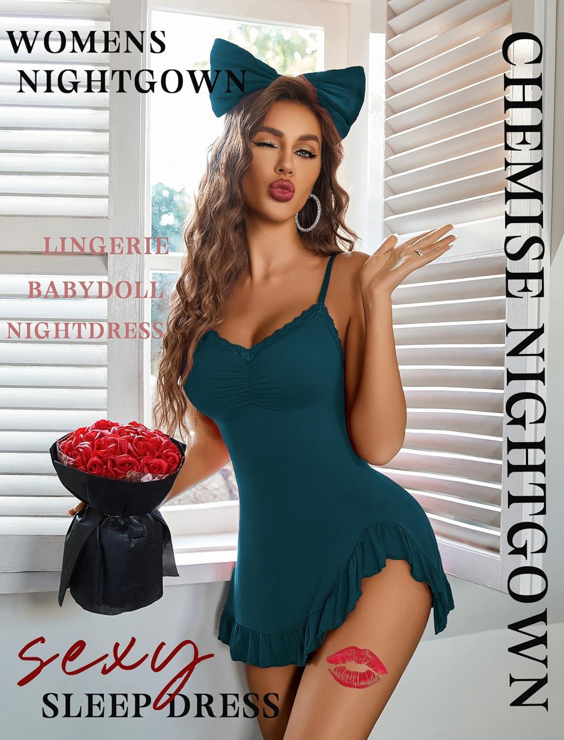 imageAvidlove Lingerie for Women Sexy Nightgown Modal Nightwear Side Slit Babydoll Chemise Spaghetti Strap nightiesBlue Green