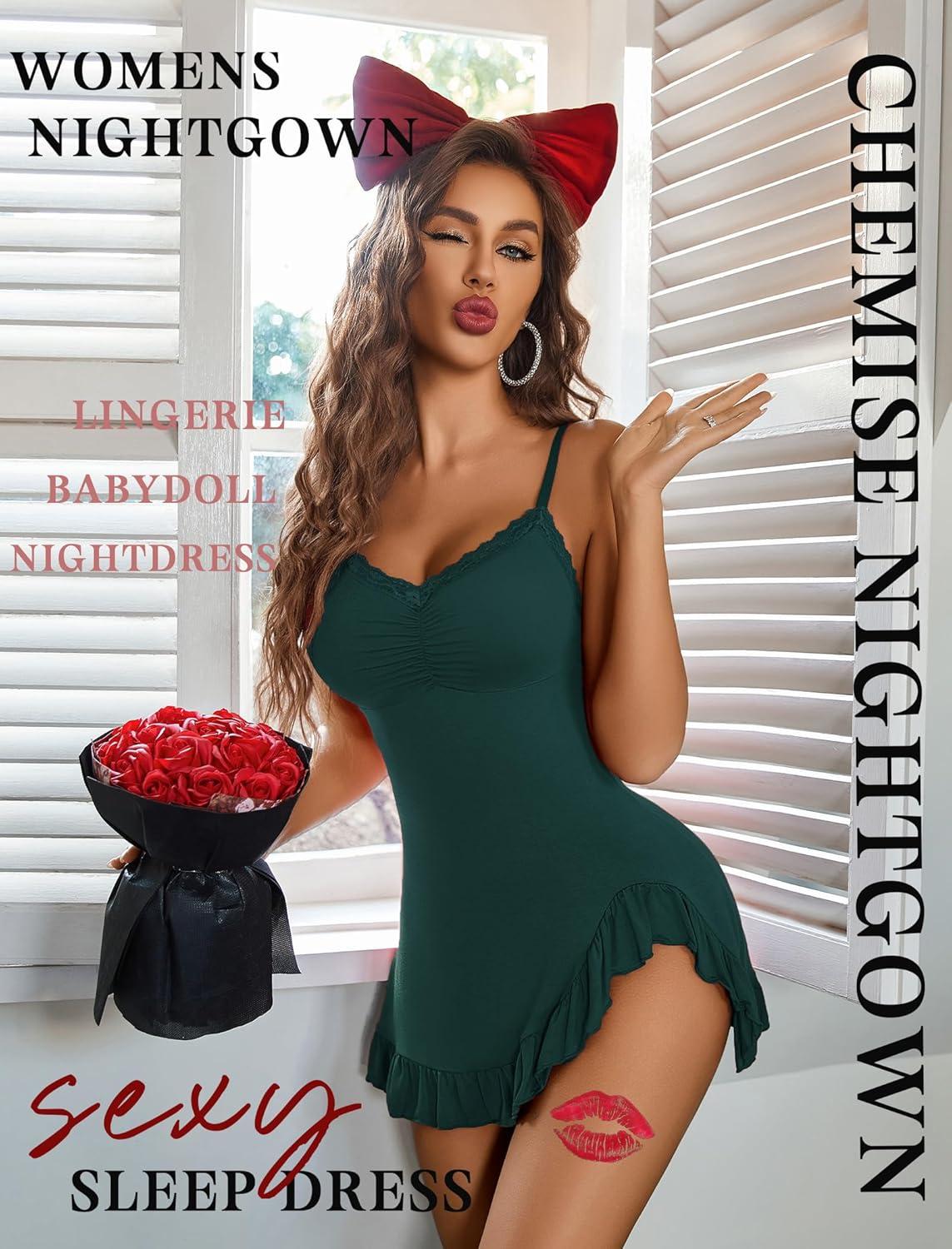 imageAvidlove Lingerie for Women Sexy Nightgown Modal Nightwear Side Slit Babydoll Chemise Spaghetti Strap nightiesGreen