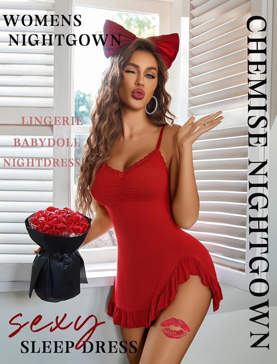 imageAvidlove Lingerie for Women Sexy Nightgown Modal Nightwear Side Slit Babydoll Chemise Spaghetti Strap nightiesRed