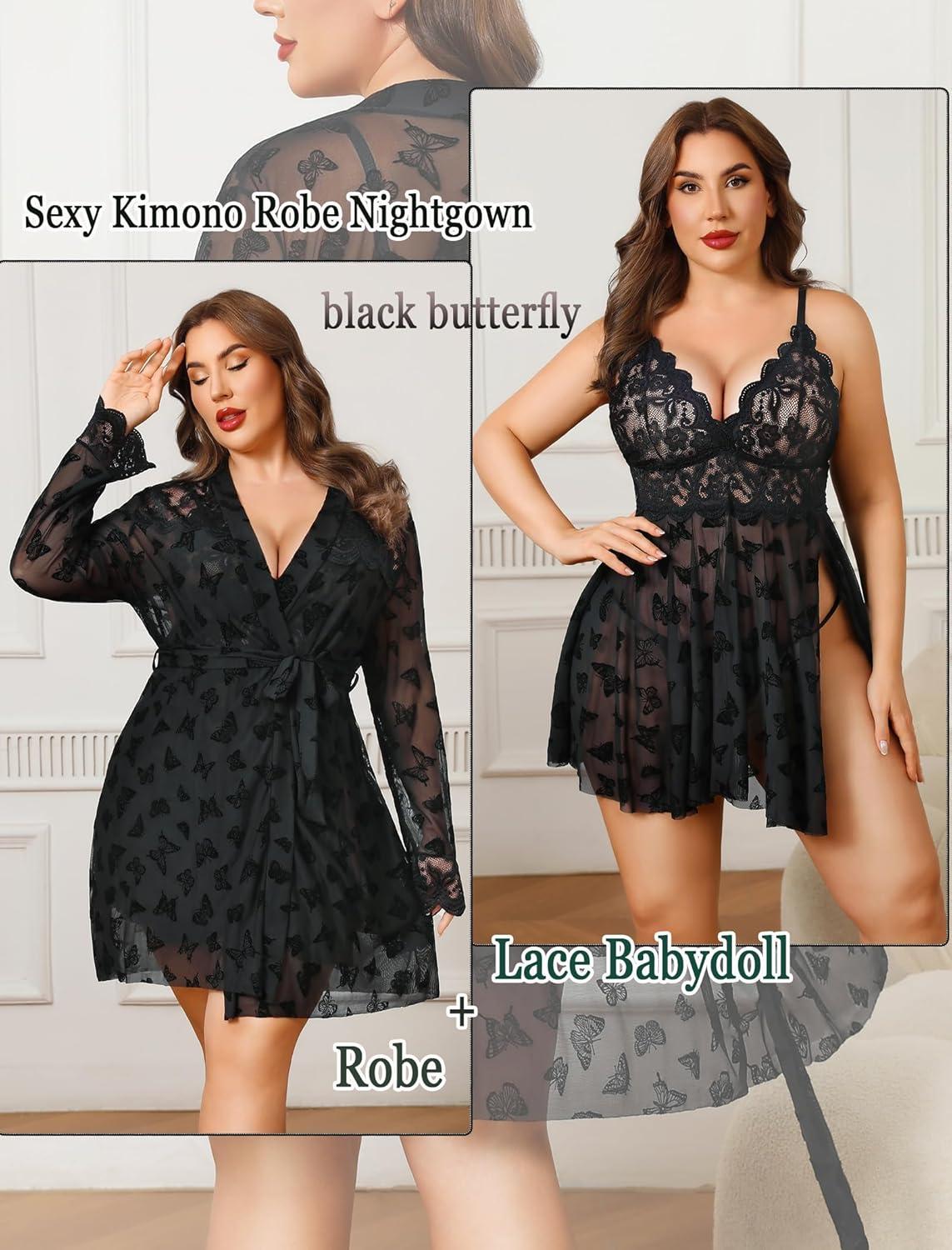 imageAvidlove Plus Size Lingerie Sexy Lingerie Set Womens Exotic Nightgowns Lace Chemise Lingerie Side Slit NightdressBlack Butterfly