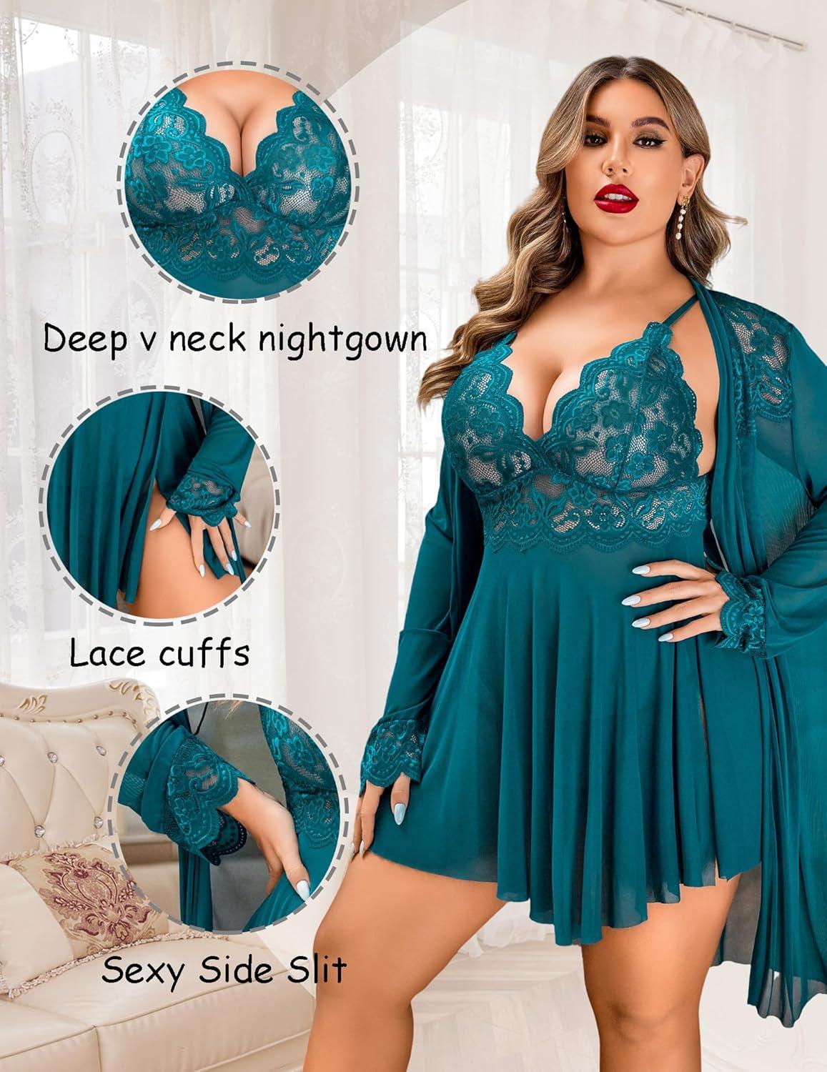 imageAvidlove Plus Size Lingerie Sexy Lingerie Set Womens Exotic Nightgowns Lace Chemise Lingerie Side Slit NightdressBlue Green