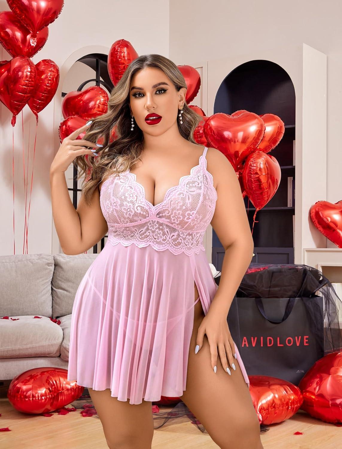 imageAvidlove Plus Size Lingerie Sexy Lingerie Set Womens Exotic Nightgowns Lace Chemise Lingerie Side Slit NightdressDark Pink