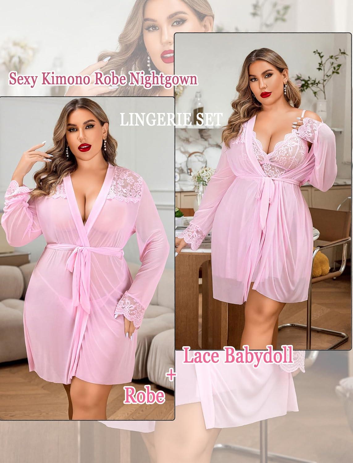 imageAvidlove Plus Size Lingerie Sexy Lingerie Set Womens Exotic Nightgowns Lace Chemise Lingerie Side Slit NightdressDark Pink