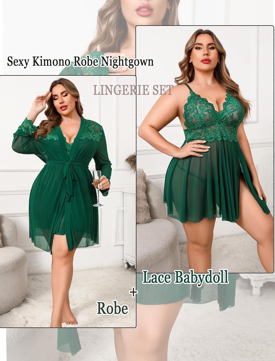 imageAvidlove Plus Size Lingerie Sexy Lingerie Set Womens Exotic Nightgowns Lace Chemise Lingerie Side Slit NightdressGreen