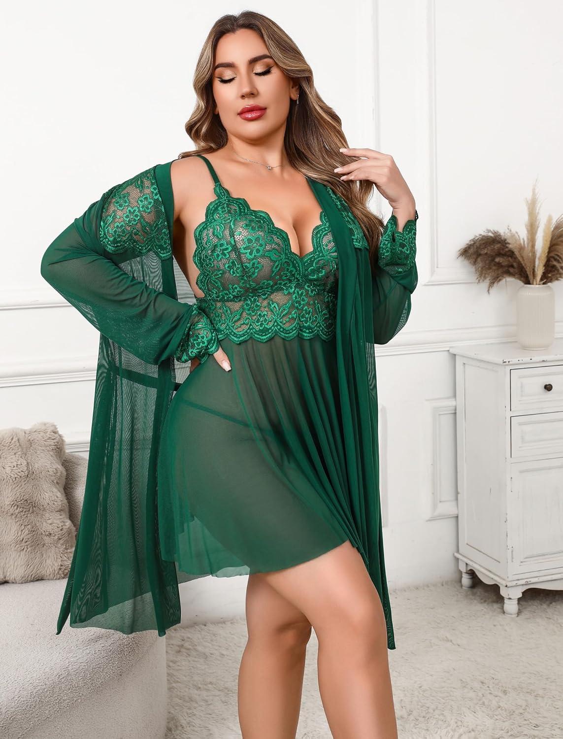 imageAvidlove Plus Size Lingerie Sexy Lingerie Set Womens Exotic Nightgowns Lace Chemise Lingerie Side Slit NightdressGreen