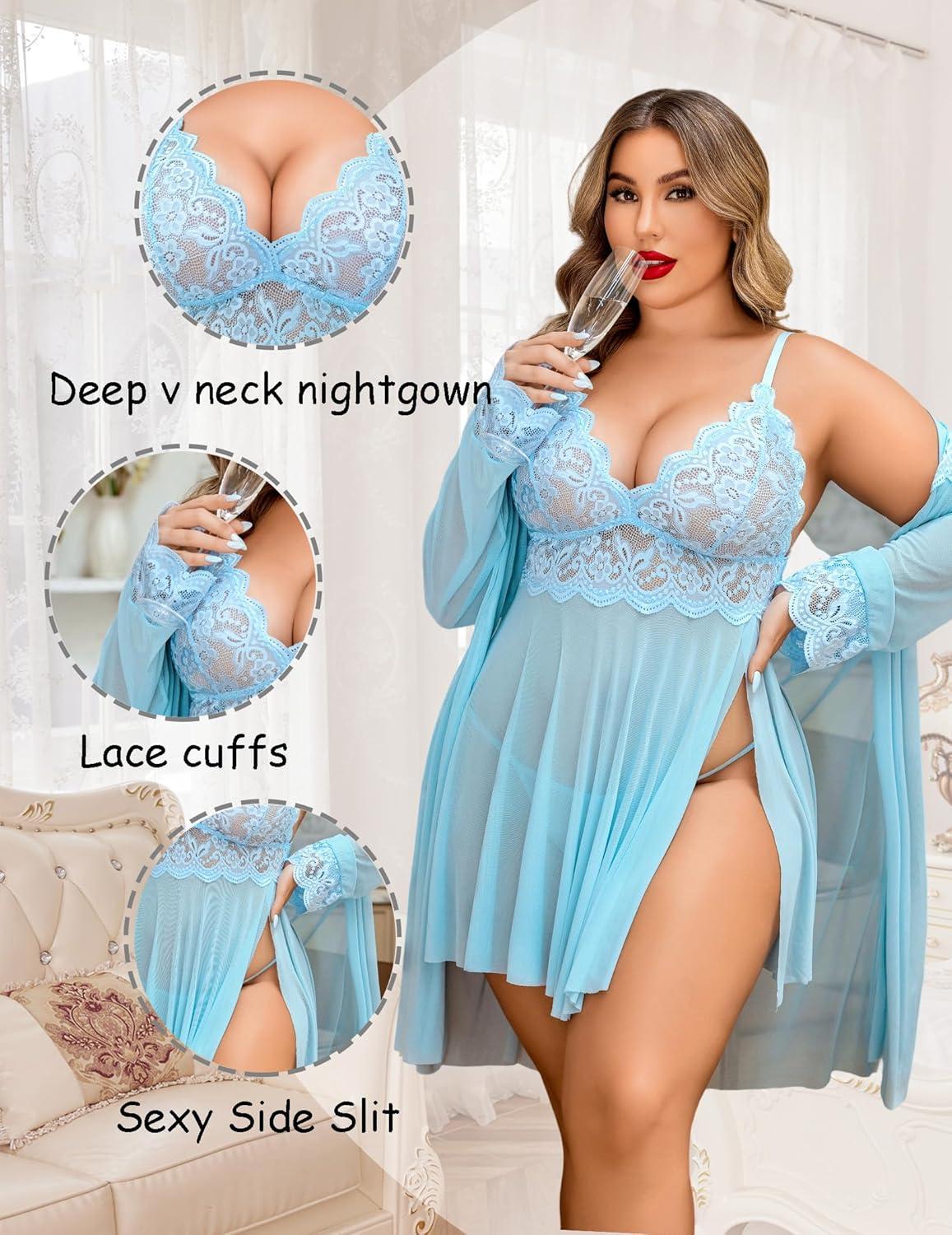 imageAvidlove Plus Size Lingerie Sexy Lingerie Set Womens Exotic Nightgowns Lace Chemise Lingerie Side Slit NightdressLight Blue