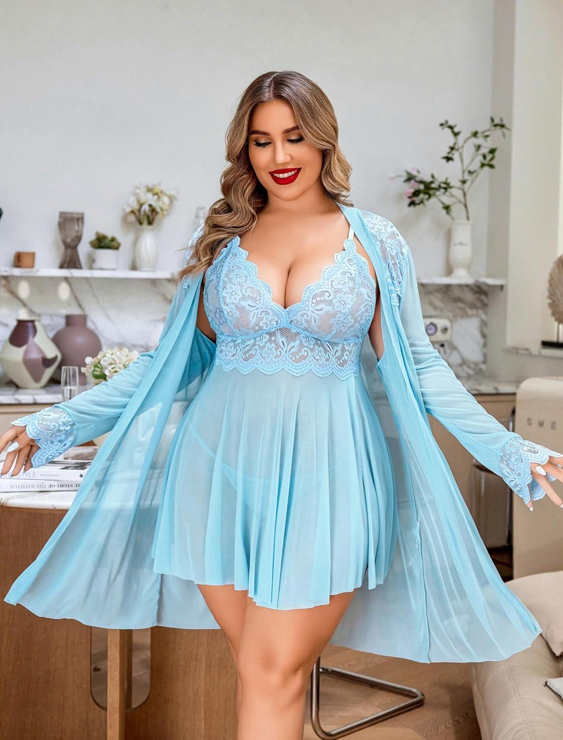 imageAvidlove Plus Size Lingerie Sexy Lingerie Set Womens Exotic Nightgowns Lace Chemise Lingerie Side Slit NightdressLight Blue
