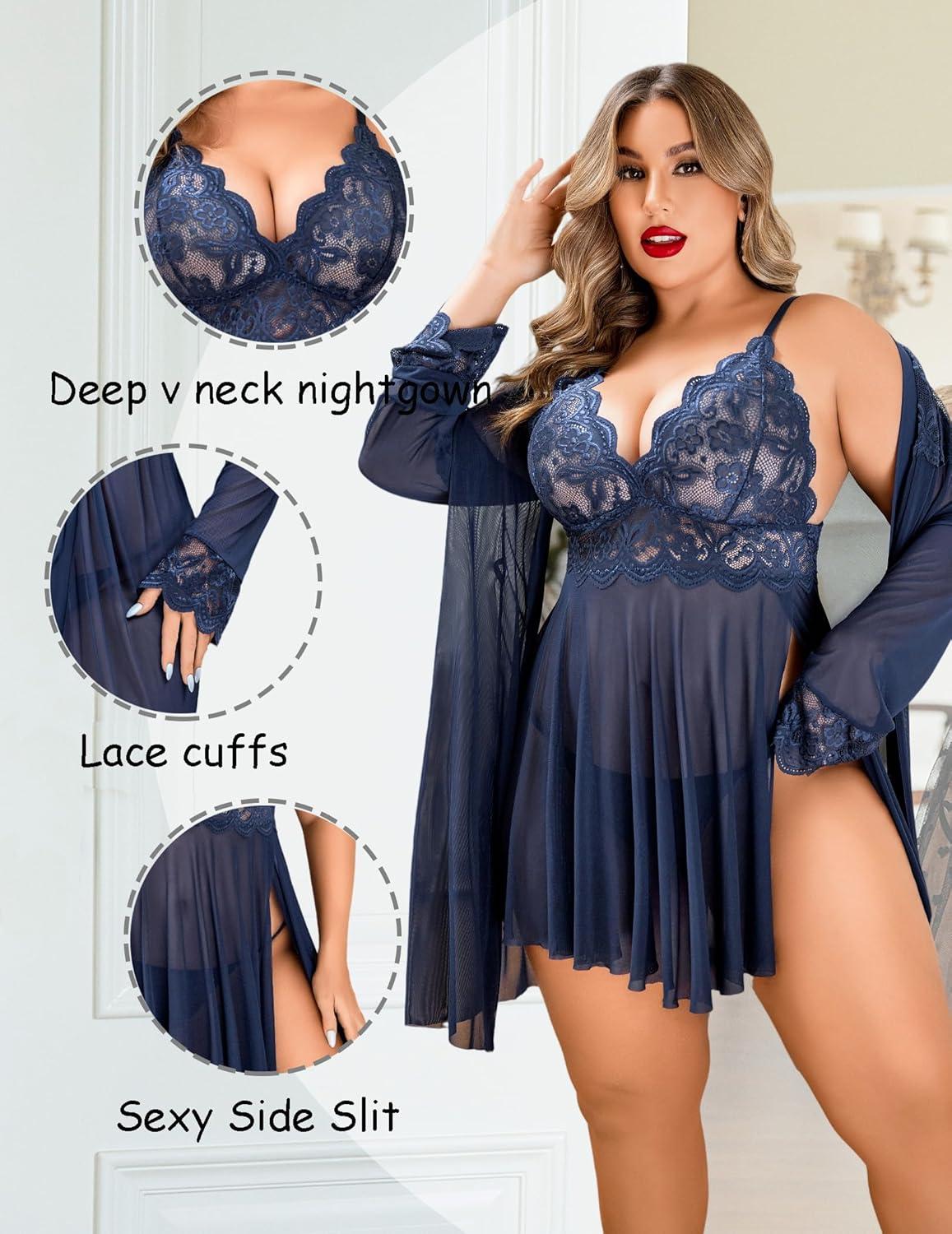 imageAvidlove Plus Size Lingerie Sexy Lingerie Set Womens Exotic Nightgowns Lace Chemise Lingerie Side Slit NightdressNavy Blue
