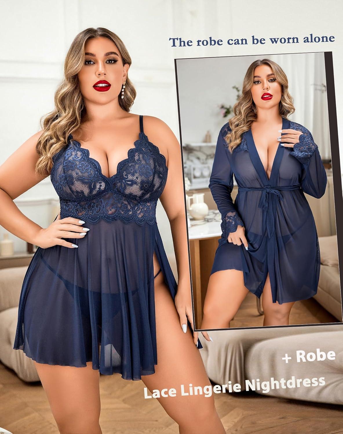 imageAvidlove Plus Size Lingerie Sexy Lingerie Set Womens Exotic Nightgowns Lace Chemise Lingerie Side Slit NightdressNavy Blue