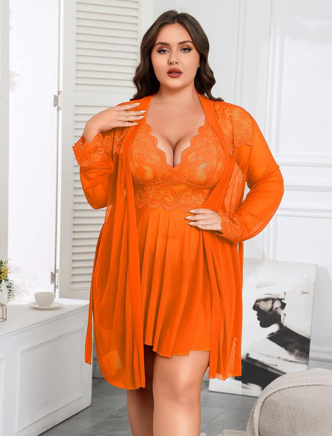 imageAvidlove Plus Size Lingerie Sexy Lingerie Set Womens Exotic Nightgowns Lace Chemise Lingerie Side Slit NightdressOrange