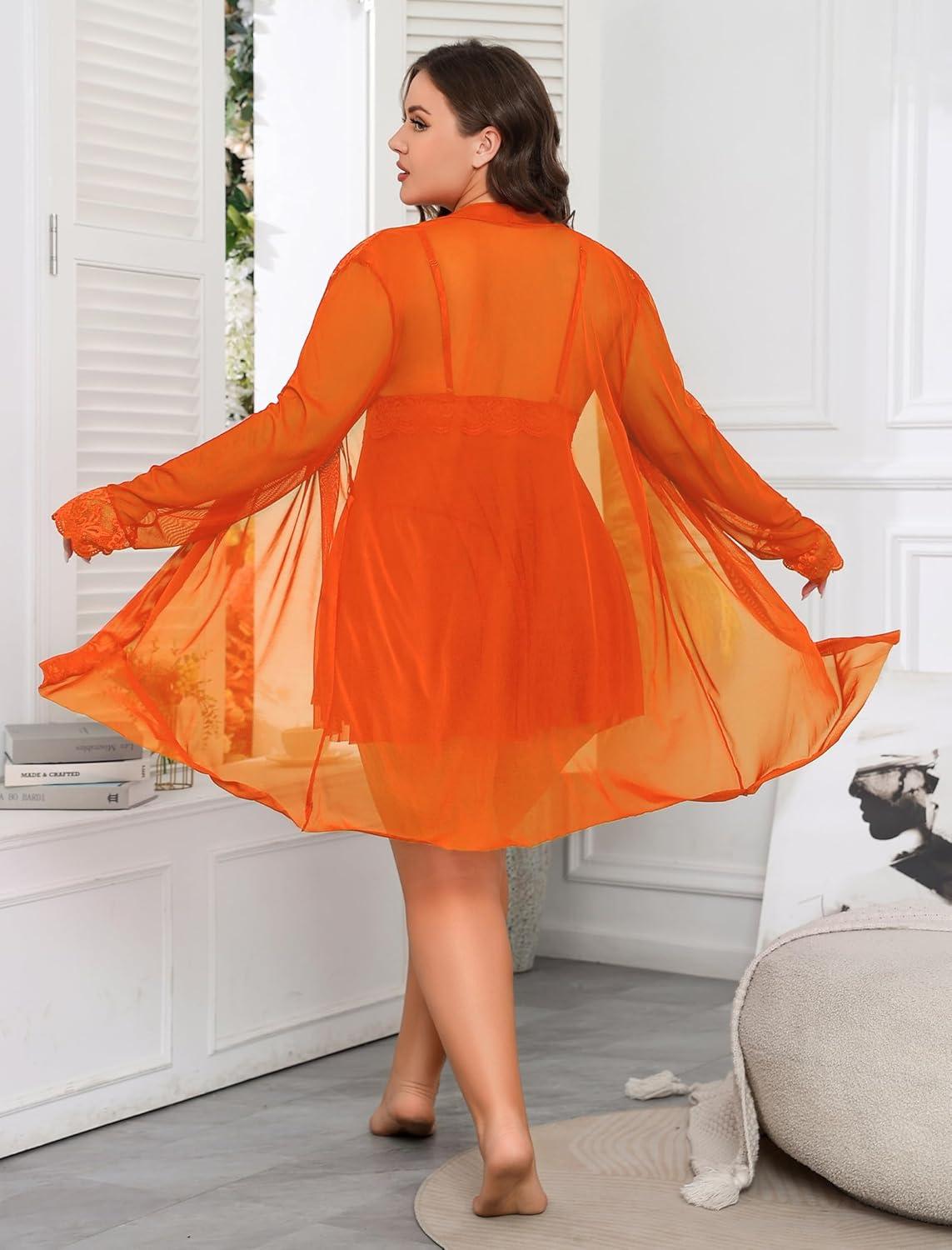 imageAvidlove Plus Size Lingerie Sexy Lingerie Set Womens Exotic Nightgowns Lace Chemise Lingerie Side Slit NightdressOrange