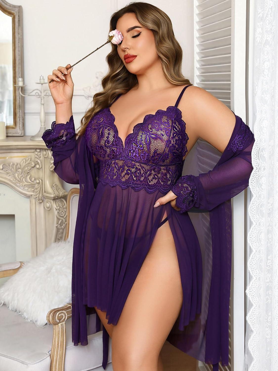 imageAvidlove Plus Size Lingerie Sexy Lingerie Set Womens Exotic Nightgowns Lace Chemise Lingerie Side Slit NightdressPurple