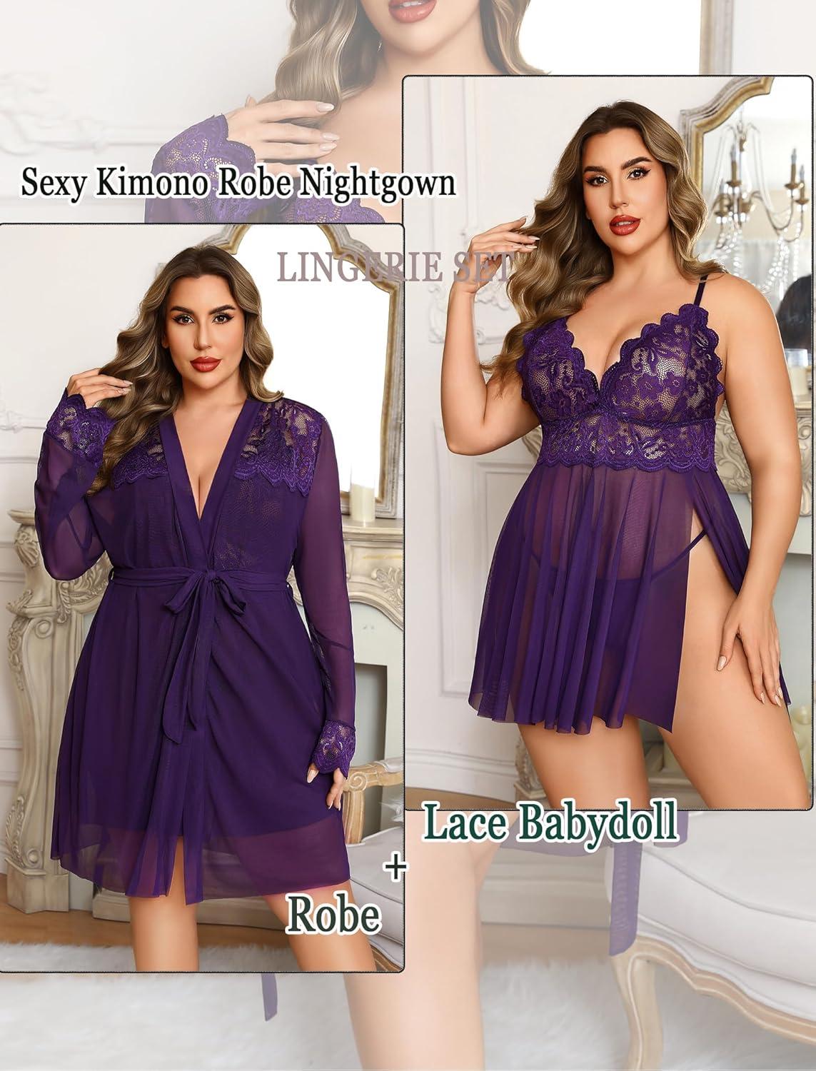 imageAvidlove Plus Size Lingerie Sexy Lingerie Set Womens Exotic Nightgowns Lace Chemise Lingerie Side Slit NightdressPurple