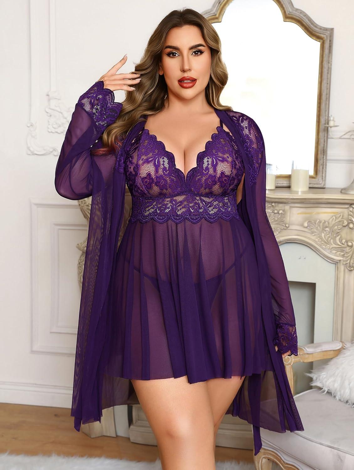 imageAvidlove Plus Size Lingerie Sexy Lingerie Set Womens Exotic Nightgowns Lace Chemise Lingerie Side Slit NightdressPurple