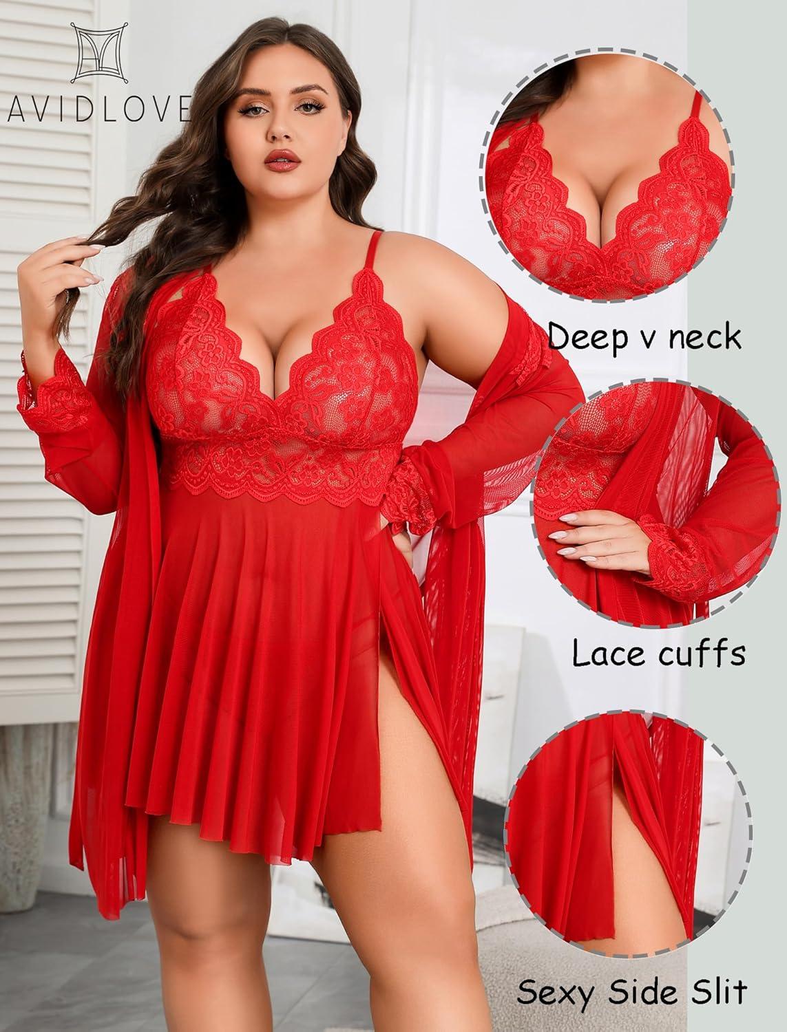 imageAvidlove Plus Size Lingerie Sexy Lingerie Set Womens Exotic Nightgowns Lace Chemise Lingerie Side Slit NightdressRed