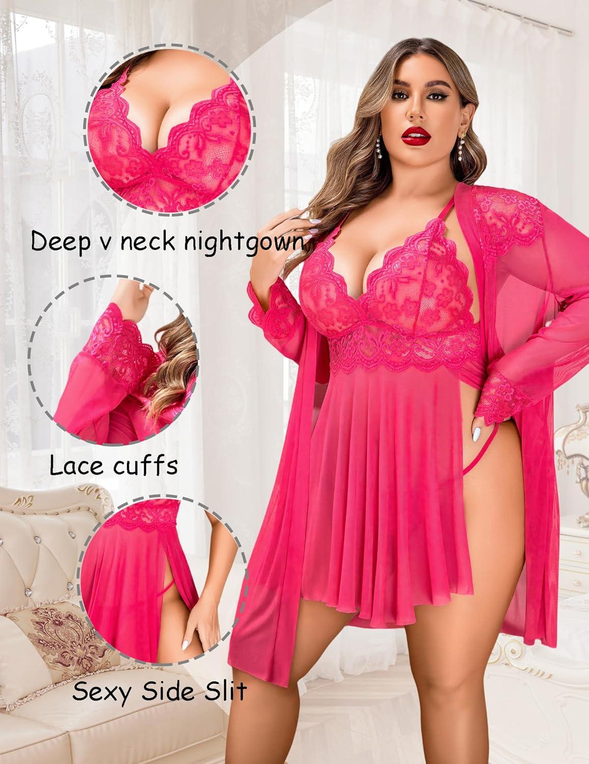 imageAvidlove Plus Size Lingerie Sexy Lingerie Set Womens Exotic Nightgowns Lace Chemise Lingerie Side Slit NightdressRose Red