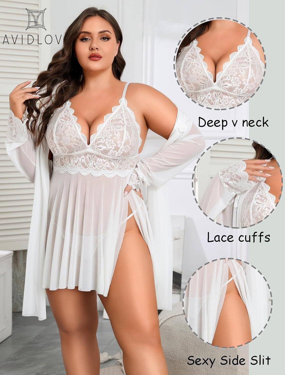 imageAvidlove Plus Size Lingerie Sexy Lingerie Set Womens Exotic Nightgowns Lace Chemise Lingerie Side Slit NightdressWhite