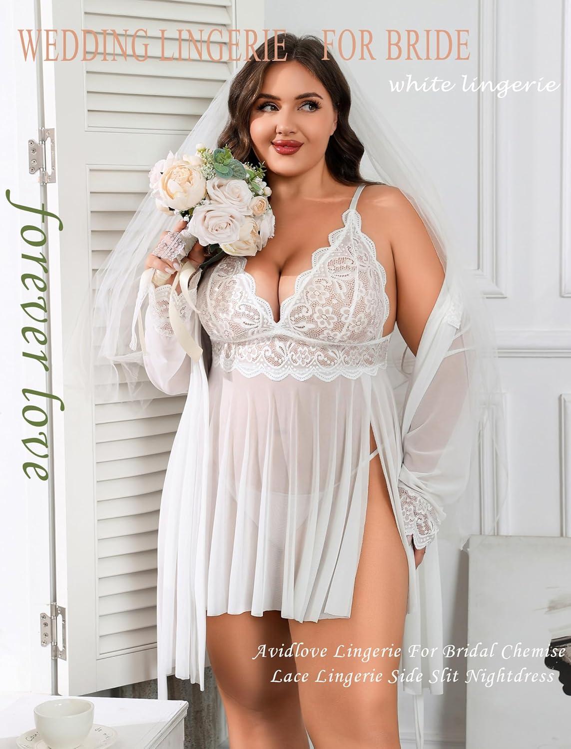 imageAvidlove Plus Size Lingerie Sexy Lingerie Set Womens Exotic Nightgowns Lace Chemise Lingerie Side Slit NightdressWhite
