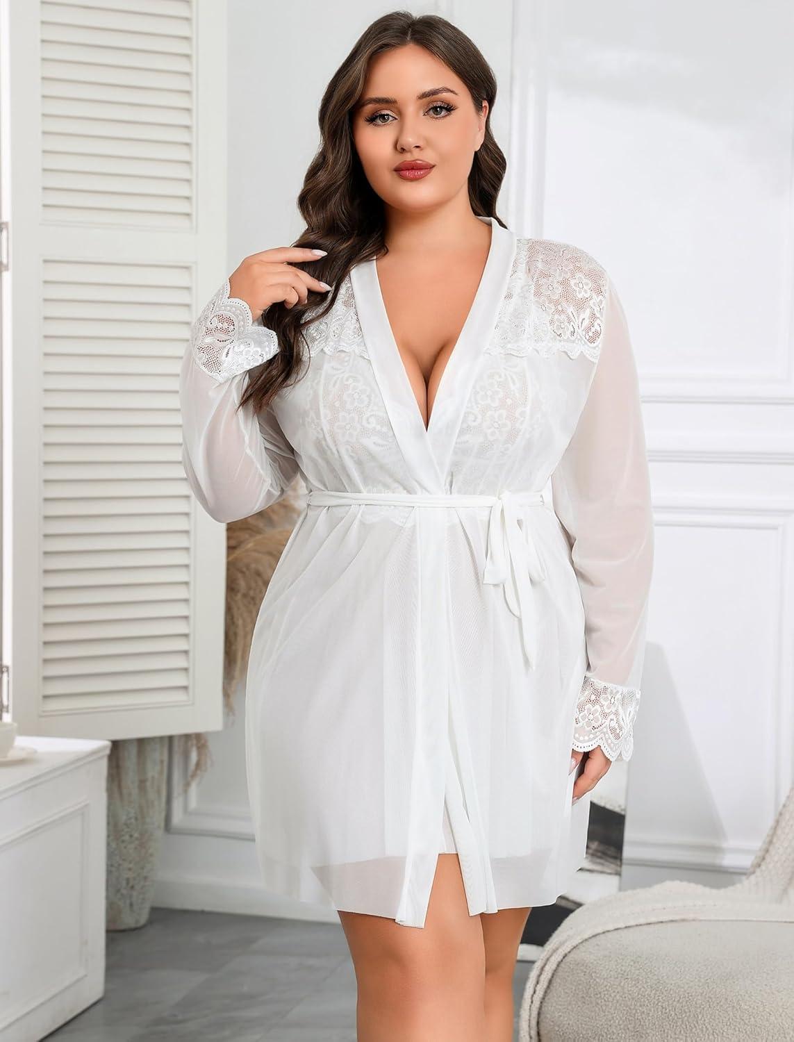 imageAvidlove Plus Size Lingerie Sexy Lingerie Set Womens Exotic Nightgowns Lace Chemise Lingerie Side Slit NightdressWhite