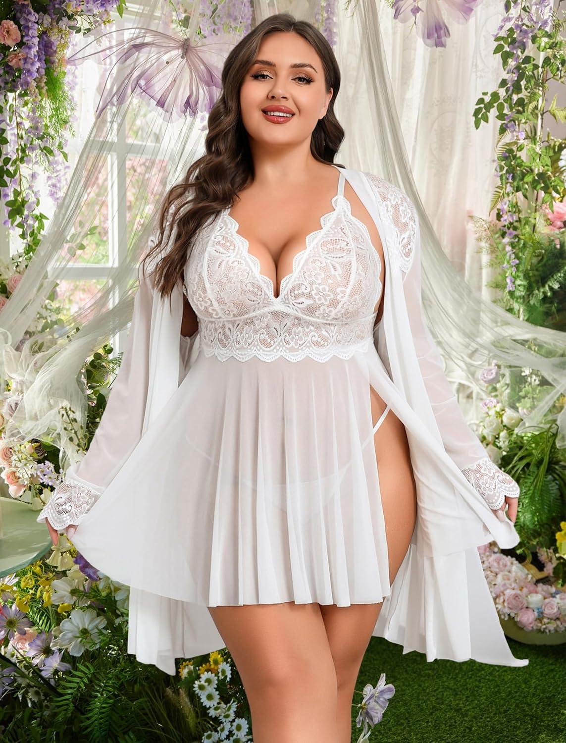 imageAvidlove Plus Size Lingerie Sexy Lingerie Set Womens Exotic Nightgowns Lace Chemise Lingerie Side Slit NightdressWhite