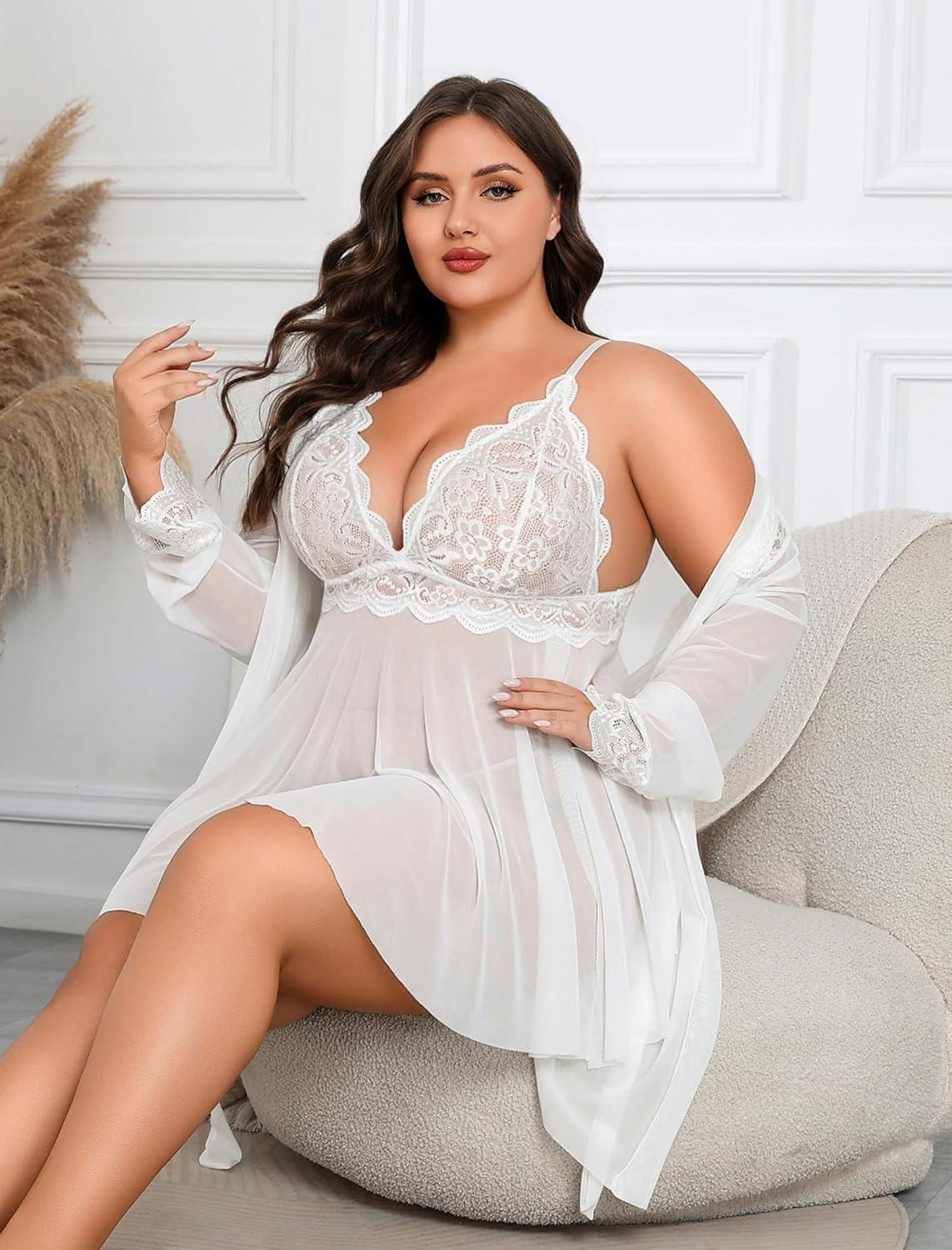 imageAvidlove Plus Size Lingerie Sexy Lingerie Set Womens Exotic Nightgowns Lace Chemise Lingerie Side Slit NightdressWhite