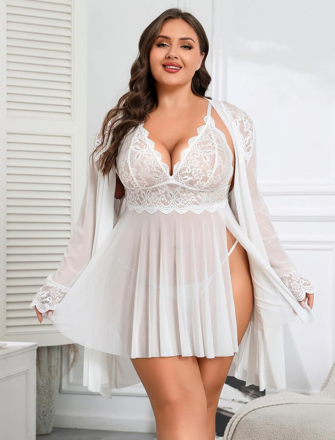 imageAvidlove Plus Size Lingerie Sexy Lingerie Set Womens Exotic Nightgowns Lace Chemise Lingerie Side Slit NightdressWhite