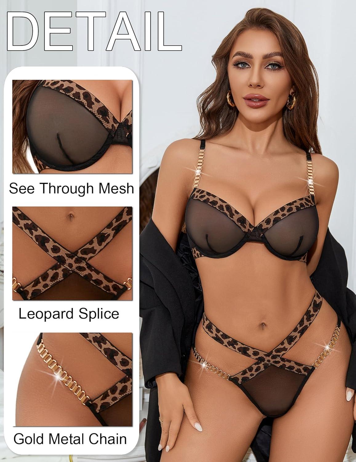 imageAvidlove Sexy Lingerie Set Mesh See Through Underwire Bra Panty Set Leopard Splice Push Up Lingerie with ChainBlack