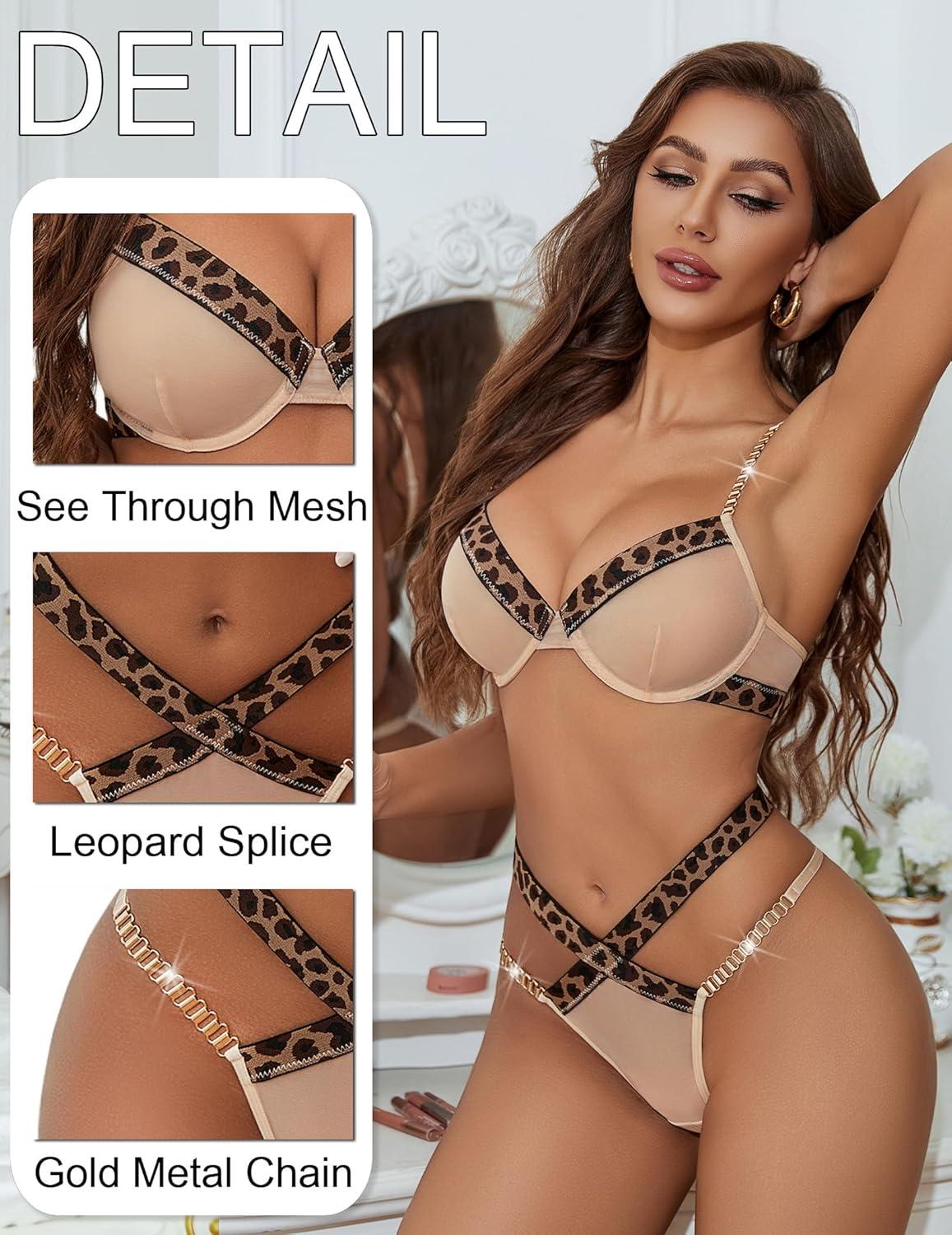 imageAvidlove Sexy Lingerie Set Mesh See Through Underwire Bra Panty Set Leopard Splice Push Up Lingerie with ChainChampagne