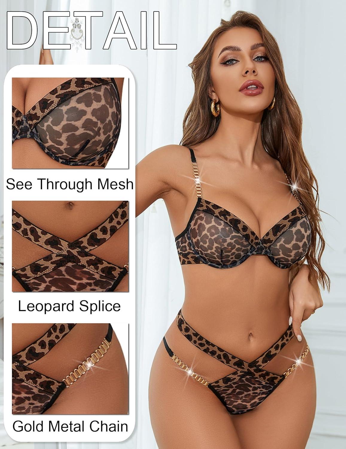 imageAvidlove Sexy Lingerie Set Mesh See Through Underwire Bra Panty Set Leopard Splice Push Up Lingerie with ChainLeopard