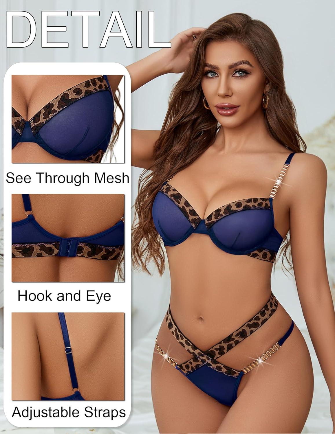 imageAvidlove Sexy Lingerie Set Mesh See Through Underwire Bra Panty Set Leopard Splice Push Up Lingerie with ChainNavy Blue